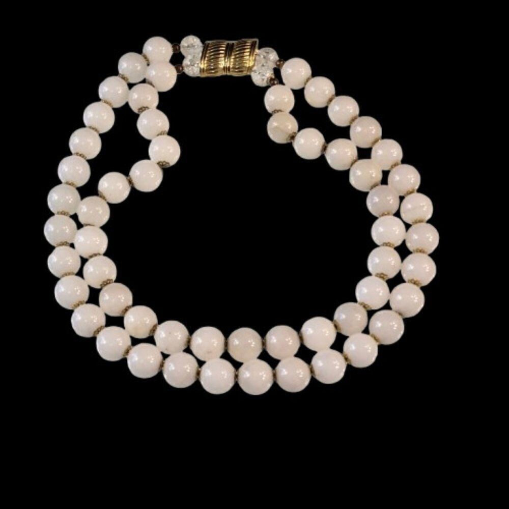 White Milk Glass Choker Necklace 19" Double Strand Magnetic Closure